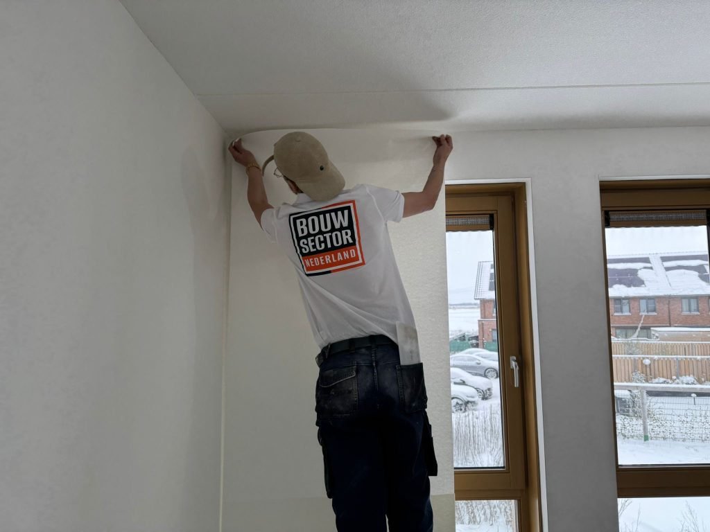 Vakman van Bouwsector Nederland zet een baan renovlies bovenaan strak tegen het plafond